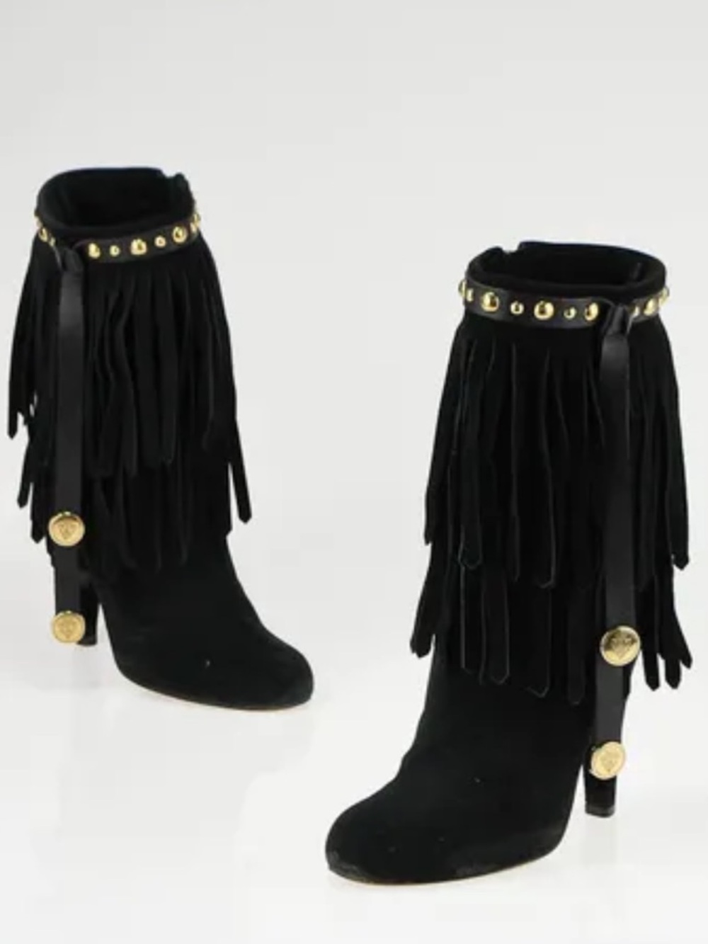 Authentic Gucci Black Suede Fringe Ankle Boots with Gold Studs size 7